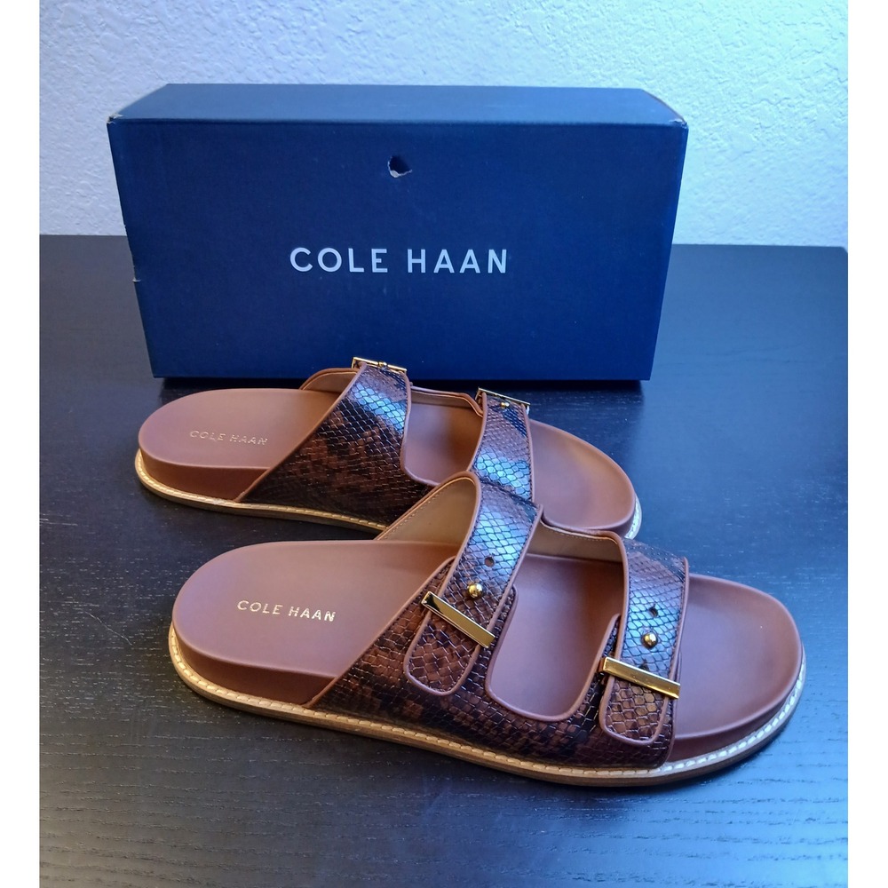 Cole Haan Grand Ambition Brown Snakeskin Leather Double Strap Slide Sandals 8 B